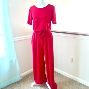 Red short sleeve tie waist stretchy summer jumpsuit